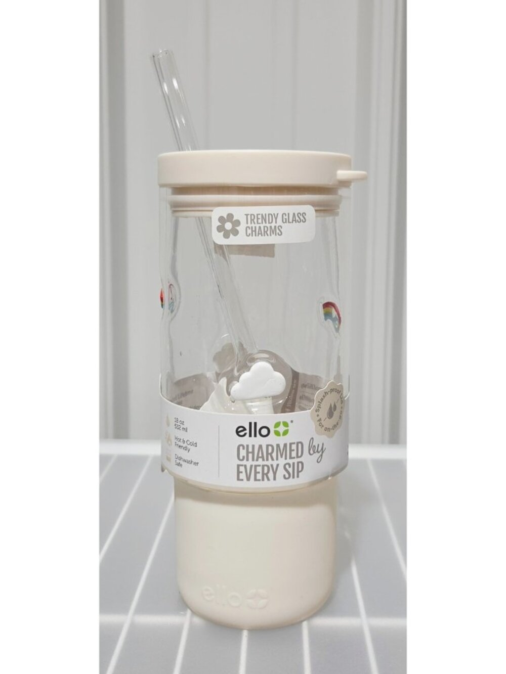 Ello Charmed Series Clouds & Rainbows Imbedded Charms 18 oz Glass Tumbler